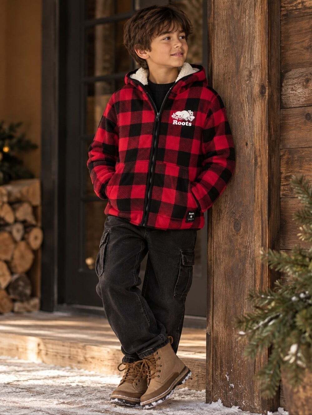 Roots Kids 9-10Y Red Black Buffalo Plaid Sherpa Lined Hooded Fleece Jacket